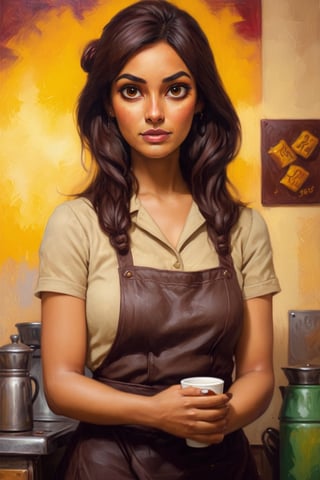 oil painting, solo, upper_body, closeup, 1woman,  27 y.o, indian,  tall, wearing a coffee shop uniform and apron, lonely coffee shop in the background, (anatomical masterpiece: 1.2),  8k, hdr, newhorrorfantasy_style, oil on canvas,,<lora:659095807385103906:1.0>
