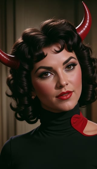 screenshot from a 60s movie, 1woman, (tiefling,curly horns: 1.3), shoulder-length hair, warlock, cinematic pose, seductive pout, evocative, (evil smiling: 0.5), sassy, cocky, detailmaster2, retro,,<lora:659095807385103906:1.0>
