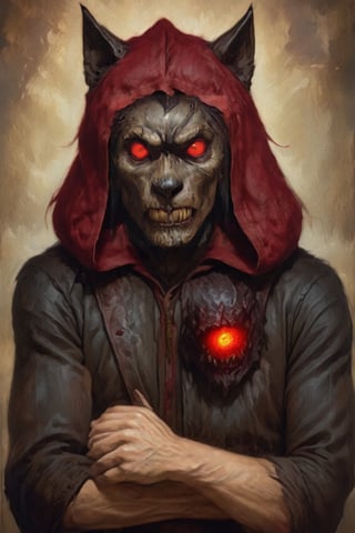 oil painting, solo, upper_body, closeup, a man donning a terrifying wolf mask, glowing red eyes, wearing a dark ominous outfit, standing against a haunting background, shrouded in shadows, (anatomical masterpiece: 1.2),  8k, hdr, newhorrorfantasy_style, oil on canvas,,<lora:659095807385103906:1.0>