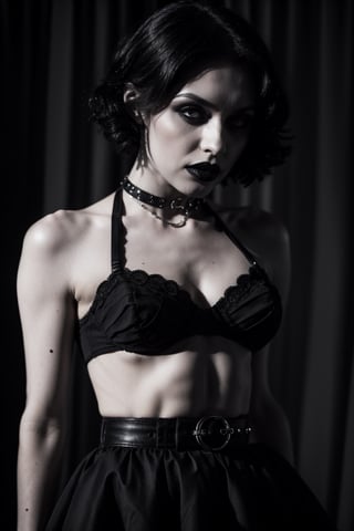 close up of a goth girl. looking at viewer, upper_body, skirt lift, garter straps, underwear, black hair, short hair, purple eyes, pale skin, (black lips, black lipstick), black eyeliner, black eyeshadow, black nails, black nail polish, makeup, piercing, spiked choker, annoyed, vignette,NoirStyle