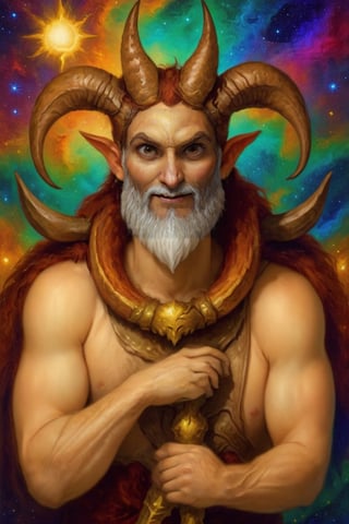 oil painting, solo, upper_body, closeup, 1man, very young, aries zodiac sign as a god, beardles, (big ram horns: 1.3), funny smiling,  enchanted halo, outer space in the background, (anatomical masterpiece: 1.2),  8k, hdr, newhorrorfantasy_style, oil on canvas, ,<lora:659095807385103906:1.0>