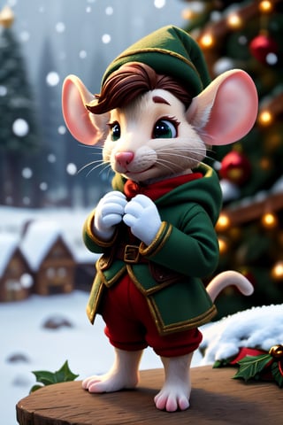 (best quality: 1.2), (masterpiece: 1.2), (realistic: 1.2), an anthropomorphic male mouse wearing elf clothes, x-mas scene in the background, snow, on eye level, scenic, masterpiece,