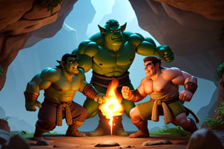 Fighting game style, an ogre standing in a cave, holding a torch, Dynamic, vibrant, action-packed, detailed character design, reminiscent of fighting video games