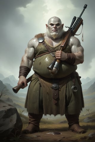 score_9,score_8_up,score_7_up, oil painting, solo, 1man, dwarf, obese, fat, very long white beard, bald, gray skin, rock-like skin,  stocky and dour, wearing a green grass warrior clothes, holding a solid-looking rifle with glowing runes on the barrel, action pose, action scene in the background, newhorrorfantasy_style, rating_safe,  oil on canvas