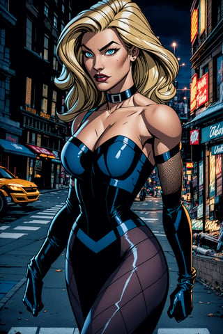 glamour photo of a 39-year-old Black_Canary_JLU, pretty face, beautiful, upper_body, bare_shoulders, blue_eyes, blonde_hair, closed_mouth, long_hair,fishnet_legwear,pantyhose,gloves,choker,jacket,fishnet_bodysuit, solo, (background: street, new york, at night), fill lighting,dutch angle,ARRI ALEXA 65,Kodak Vision3,Voigtländer Nokton 50mm f1.1,desaturated grunge filter,JoeMad