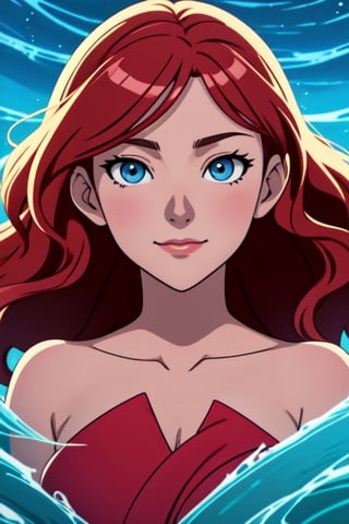 full-face portrait illustration, anime key visual, cartoon style, a woman, delicate features, soft smile, sparkling eyes, blue eyes, red hair, (luminous skin: 1.2), radiant complexion, (graceful posture: 1.3), colorful outfit, playful accesories, captivating ambiance, (cascading waves: 1.2),<lora:659111690174031528:1.0>