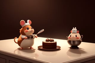 professional 3d model, solo, a cute hamster dressed as a chef, cooking a chocolate cake, octane render, highly detailed, volumetric, dramatic lighting