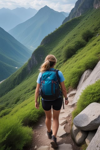 Action shot, woman, wearing hiking gear and carrying a backpack, climbing up a rocky mountain trail, lush greenery and majestic mountains in the background, natural lighting, adventurous and determined mood,<lora:659095807385103906:1.0>