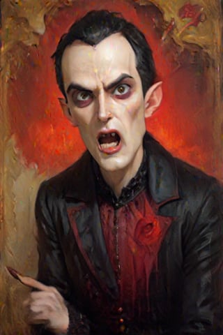 oil painting, solo, upper_body, closeup, 1man, victorian vampire, (pointed ears: 1.2), pale skin, glowing red eyes, rounded teeth, open mouth, wearing a black victorian suit, red cape, (anatomical masterpiece: 1.2), old romanian castle interior in the bkacground, 8k, hdr, newhorrorfantasy_style, oil on canvas,,<lora:659095807385103906:1.0>