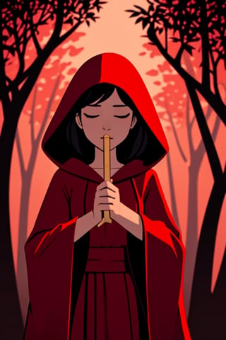 line art drawing,  a woman playing a pan flute,  wearing a red robe, hooded, closed_eyes, enchanted forest in the background, professional, sleek, modern, minimalist, graphic, line art, vector graphics,insertNameHere,<lora:659111690174031528:1.0>