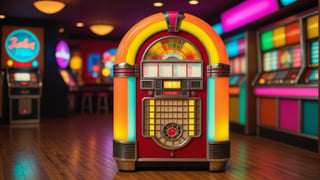 RAW Photo, full photo, a huge colorful 60s jukebox, an empty bar in the background, standing, front of camera, (front_of_viewer: 1.6),  (masterpiece: 1.2), high depth of field, bokeh, retro, detailmaster2, ,<lora:659095807385103906:1.0>