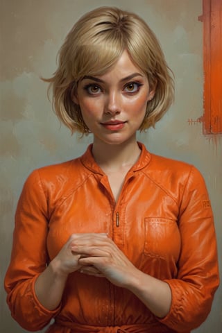 oil painting, solo, upper_body, closeup, 1woman,  22 y.o, short bob haircut, blonde, coy smile, captivating face, wearing an orange prison jumpsuit, prision cell in the background, (anatomical masterpiece: 1.2),  8k, hdr, newhorrorfantasy_style, oil on canvas,<lora:659095807385103906:1.0>