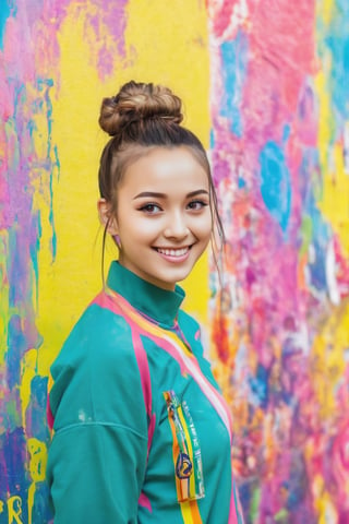 Anime girl with bun hairs, wall paint in background, ultra high details, colourful, watching viewer with smile, smiling eyes