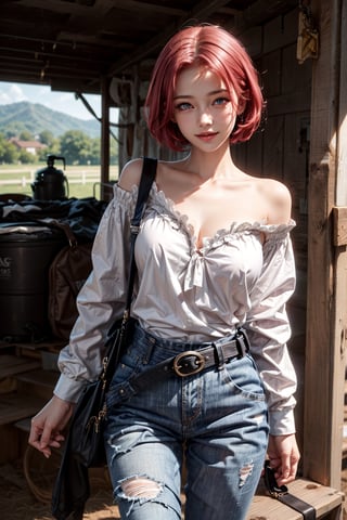 1girl realistic, Caucasian girl, photorealistic, dynamic view, Teen girl, full body, 16 years old, (beautiful detailed eyes),((best quality)), ((highly detailed)), masterpiece, best quality, highres, gscg, ahoge, overalls, white shirt, collarbone, off shoulder, long sleeves, belt, long pants, large breasts, cow_girl, cowboy shot, standing, smile, smile exposed thighs photo realistic, shorthair, hair slicked back, farm, barn