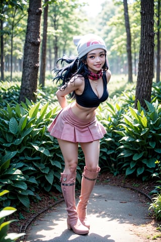 1girl, realistic, photorealistic, Teen girl, full body,16 years old,  <big milkers>>,dawn \(pokemon\) beanie, long hair, blue hair, blue eyes, black sleeveless shirt, pink scarf, pink skirt, pink boots, hands on hips, smile, looking at viewer, forest background, smiling, adorable face, rear view, standing, leaning forward, skirt up, pantie shots.