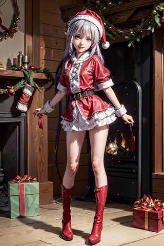 ((15 year old girl: 1.5)), Kanna Kamui, christmas_clothes, fireplace, christmas gift, stand, horns, loli, give gift, :D, room, full body, perfect, white hair, multicolored hair, 1 girl, complete anatomy, super cute, girl, beautiful shiny body, bangs, high eyes, (aquamarine eyes), small, beautiful girl with beautiful details, beautiful delicate eyes, detailed face, beautiful eyes, beautiful shiny body, smile, happiness, angle full body, mini skirt, exposed thighs, thick thighs, inside the room, Christmas decorations, fireplace, ((Santa Claus costume: 1,2)),((western boots)),((many gifts) ), belt black, ((Realism: 1.2)), Dynamic Long Shots, Cinematic Lighting, Perfect Composition, Highly Detailed, Official Artwork, Sumic.mic Masterpiece, (Top Quality: 1.3), Reflections, Highly Detailed CG Unity 8k Wallpaper , Detailed background, Masterpiece, Best quality, (Masterpiece), (Best quality: 1.4), (Ultra-high resolution: 1.2), (Hyperrealistic: 1.4), (Photorealistic: 1.1), Best quality, high quality, high resolution, emphasis on details,((Log house room: 1,4)),((slender and small bust)), Kanna Kamui,hand