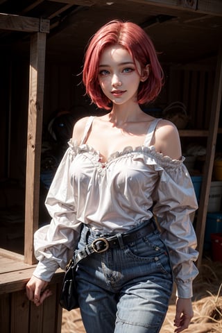 1girl realistic, Caucasian girl, photorealistic, dynamic view, Teen girl, full body, 16 years old, (beautiful detailed eyes),((best quality)), ((highly detailed)), masterpiece, best quality, highres, gscg, ahoge, overalls, white shirt, collarbone, off shoulder, long sleeves, belt, long pants, large breasts, cow_girl, cowboy shot, standing, smile, smile exposed thighs photo realistic, shorthair, hair slicked back, farm, barn