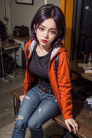 1 realistic girl, caucasian girl, photorealistic, dynamic view, teen girl, full body, 23 years old, (beautiful detailed eyes), ((best quality)), ((highly detailed)), {{{masterpiece,, perfect lightingbest quality,,KennyMC, 1girl, solo, black hair, purple hair,black shirt, belt, hoodie, backpack,orange jacket,torn jeans, makeup,hood up,sitting,from above,looking at viewer,indoors,}}}