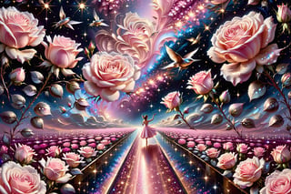 Best Quality, Highly Detailed, HD, 8k, Rule of Thirds, Oil Painting, Portrait, One Road Floating in 
roses, rose color ((rose pink)), Floating in Middle of Galaxy, Midnight Sky, Flight, Dream Waves, Sharp, Art by Sargent, Close-up Shot,glitter,d1p5comp_style