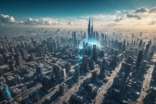 ((Top photo Quality, 8k, Masterpiece: 1.3)), Focus: 1.2, Digital city, Light blue sky, Bright atmosphere, 50,000 buildings in background, Ray of light in center of image, Movie Matrix, DonMCyb3rN3cr0XL, cyborg style, Mechanical part