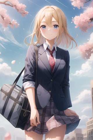 1girl, solo,  looking at viewer, blush, (((light smile))),  skirt, shirt,long sleeves, closed mouth, school uniform, standing, jacket, white shirt,cowboy shot, pleated skirt, outdoors, open clothes, necktie, sky, day, striped, collared shirt, cloud, bag, uniform, open jacket, tree, blue sky, blue skirt, plaid, floating hair, plaid skirt, blazer, (((dark blue jacket))), (red necktie), cherry blossoms, building, sweater vest, school bag,striped necktie,plain sleeves,(((plaid_skirt))),hayasaka_ai