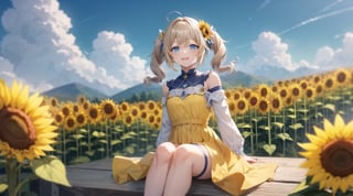 1girl, solo, sharp focus, absurdres,best quality, relaxing, outdoors, sunflower field, cute, innocent, virtual youtuber,(((yellow  long dress))),single thighhigh,looking at viewer,yellow long sleeves,light smile,close mouse,(((bare_legs))),sitting_down,long_sleeves,no hat,sunflower hair ornament,happy,:),blue_eyes