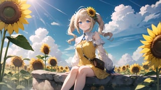 1girl, solo, sharp focus, absurdres,best quality, relaxing, outdoors, sunflower field, cute, innocent, virtual youtuber,(((yellow  long dress))),single thighhigh,looking at viewer,yellow long sleeves,light smile,close mouse,(((bare_legs))),sitting_down,long_sleeves,no hat,sunflower hair ornament,happy,:),blue_eyes