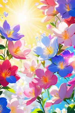 masterpiece, best quality, highres, source_anime, Flowers in bloom, Close-up shot showcasing vibrant petals, Delicate and intricate details, Soft focus highlights the beauty of each blossom, Colorful array of flowers in various stages of growth, Sunlight illuminating petals, Capturing the essence of nature's beauty, (Anime:1.5),vector