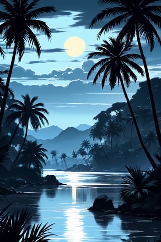 masterpiece, best quality, highres, African palm tree forest, river in foreground. Moody atmosphere; (Anime:0.8), (Cartoon:1.4),vector