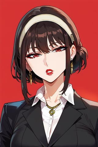 1girl, solo, looking at viewer, short hair, simple background, brown hair, shirt, black hair, jewelry, jacket, white shirt, upper body, earrings, parted lips, collared shirt, medium hair, necklace, black jacket, head tilt, makeup, formal, half-closed eyes, suit, lipstick, red background, red lips,yorforger , full_body