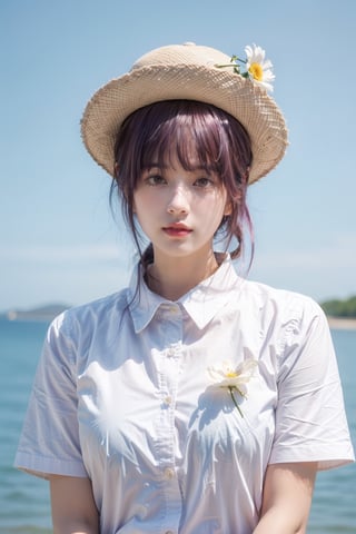 1girl, solo, looking at viewer, short hair, bangs, shirt, hat, upper body, purple hair, flower, short sleeves, artist name, blue shirt, white flower, pink flower, purple background