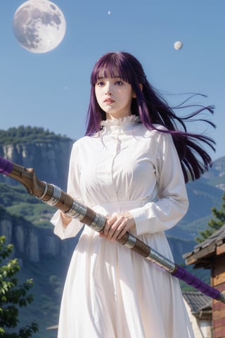 1girl, solo, long hair, breasts, looking at viewer, bangs, black hair, long sleeves, dress, holding, closed mouth, standing, purple eyes, weapon, purple hair, blunt bangs, holding weapon, white dress, floating hair, pov, holding magic wand , moon behind,fern,aafern
