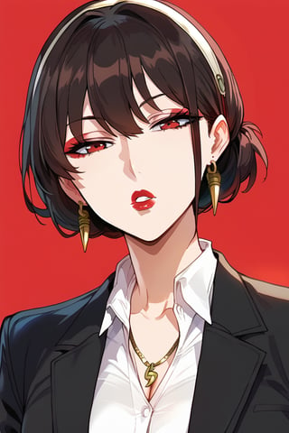 1girl, solo, looking at viewer, short hair, simple background, brown hair, shirt, black hair, jewelry, jacket, white shirt, upper body, earrings, parted lips, collared shirt, medium hair, necklace, black jacket, head tilt, makeup, formal, half-closed eyes, suit, lipstick, red background, red lips,yorforger , full_body