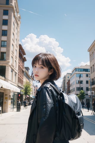 1girl, solo, short hair, brown hair, black hair, long sleeves, jacket, outdoors, sky, day, cloud, bag, from behind, blue sky, black jacket, backpack, building, scenery, city, sign, facing away