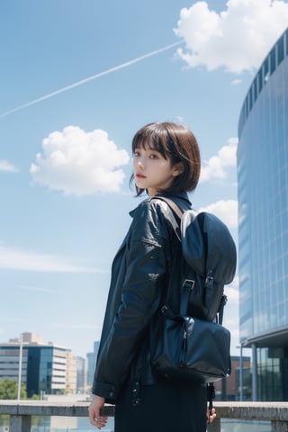 1girl, solo, short hair, brown hair, black hair, long sleeves, jacket, outdoors, sky, day, cloud, bag, from behind, blue sky, black jacket, backpack, building, scenery, city, sign, facing away