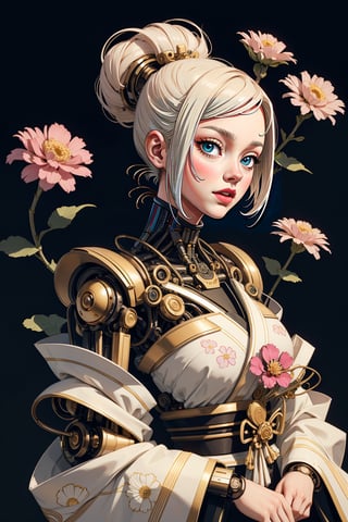 visually striking blend of traditional Japanese aesthetics with futuristic elements. The central figure is a golden robot with a humanoid appearance, specifically designed to resemble a female figure wearing a kimono. The robot's head is adorned with a traditional Japanese hairstyle, often associated with a geisha, including a shimada-style bun and kanzashi hairpins.

The robot's face is featureless and smooth, with a pale pink hue that matches the color scheme of the kimono. The neck reveals golden mechanical components, suggesting advanced robotics technology. The kimono itself is beautifully detailed, with patterns of flowers that echo the surrounding blooms, and it includes shades of pink, white, and purple, with black and dark pink accents on the collar and edges.

The background is filled with a dense array of pink flowers, likely chrysanthemums, which create a harmonious and lush backdrop that complements the robot's attire. The overall effect is a striking juxtaposition of the organic beauty of traditional Japanese floral motifs with the sleek, modern lines of robotic design. The image seems to explore themes of tradition versus modernity, nature versus technology, and the evolving definitions of beauty and identity,futubot,davincitech