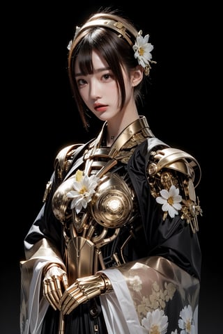 visually striking blend of traditional Japanese aesthetics with futuristic elements. The central figure is a golden robot with a humanoid appearance, specifically designed to resemble a female figure wearing a kimono. The robot's head is adorned with a traditional Japanese hairstyle, often associated with a geisha, including a shimada-style bun and kanzashi hairpins.

The robot's face is featureless and smooth, with a pale pink hue that matches the color scheme of the kimono. The neck reveals golden mechanical components, suggesting advanced robotics technology. The kimono itself is beautifully detailed, with patterns of flowers that echo the surrounding blooms, and it includes shades of pink, white, and purple, with black and dark pink accents on the collar and edges.

The background is filled with a dense array of pink flowers, likely chrysanthemums, which create a harmonious and lush backdrop that complements the robot's attire. The overall effect is a striking juxtaposition of the organic beauty of traditional Japanese floral motifs with the sleek, modern lines of robotic design. The image seems to explore themes of tradition versus modernity, nature versus technology, and the evolving definitions of beauty and identity,futubot 