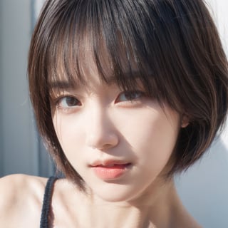 1girl, solo, looking at viewer, short hair, bangs, brown eyes, closed mouth, grey hair, nude, lips, shadow, bob cut, portrait, realistic, nose ,shaded face