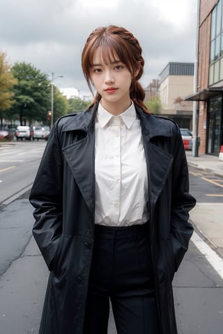 1girl, solo, long hair, breasts, looking at viewer, smile, bangs, shirt, long sleeves, medium breasts, closed mouth, jacket, yellow eyes, white shirt, braid, sidelocks, red hair, cowboy shot, outdoors, open clothes, necktie, sky, collared shirt, pants, cloud, medium hair, coat, black jacket, orange eyes, black pants, formal, suit, light smile, black necktie, braided ponytail, black coat, hands in pockets, shirt tucked in, ringed eyes, long coat, high-waist pants, makima \(chainsaw man\) , red_hair 