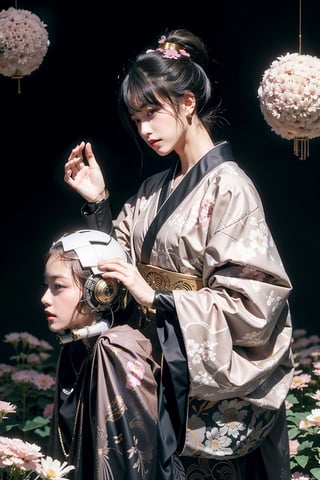 visually striking blend of traditional Japanese aesthetics with futuristic elements. The central figure is a golden robot with a humanoid appearance, specifically designed to resemble a female figure wearing a kimono. The robot's head is adorned with a traditional Japanese hairstyle, often associated with a geisha, including a shimada-style bun and kanzashi hairpins.

The robot's face is featureless and smooth, with a pale pink hue that matches the color scheme of the kimono. The neck reveals golden mechanical components, suggesting advanced robotics technology. The kimono itself is beautifully detailed, with patterns of flowers that echo the surrounding blooms, and it includes shades of pink, white, and purple, with black and dark pink accents on the collar and edges.

The background is filled with a dense array of pink flowers, likely chrysanthemums, which create a harmonious and lush backdrop that complements the robot's attire. The overall effect is a striking juxtaposition of the organic beauty of traditional Japanese floral motifs with the sleek, modern lines of robotic design. The image seems to explore themes of tradition versus modernity, nature versus technology, and the evolving definitions of beauty and identity,futubot 