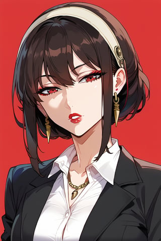 1girl, solo, looking at viewer, short hair, simple background, brown hair, shirt, black hair, jewelry, jacket, white shirt, upper body, earrings, parted lips, collared shirt, medium hair, necklace, black jacket, head tilt, makeup, formal, half-closed eyes, suit, lipstick, red background, red lips,yorforger