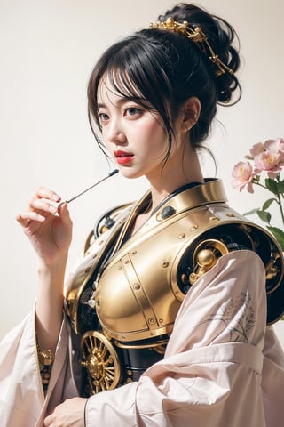 visually striking blend of traditional Japanese aesthetics with futuristic elements. The central figure is a golden robot with a humanoid appearance, specifically designed to resemble a female figure wearing a kimono. The robot's head is adorned with a traditional Japanese hairstyle, often associated with a geisha, including a shimada-style bun and kanzashi hairpins.

The robot's face is featureless and smooth, with a pale pink hue that matches the color scheme of the kimono. The neck reveals golden mechanical components, suggesting advanced robotics technology. The kimono itself is beautifully detailed, with patterns of flowers that echo the surrounding blooms, and it includes shades of pink, white, and purple, with black and dark pink accents on the collar and edges.

The background is filled with a dense array of pink flowers, likely chrysanthemums, which create a harmonious and lush backdrop that complements the robot's attire. The overall effect is a striking juxtaposition of the organic beauty of traditional Japanese floral motifs with the sleek, modern lines of robotic design. The image seems to explore themes of tradition versus modernity, nature versus technology, and the evolving definitions of beauty and identity,futubot,davincitech