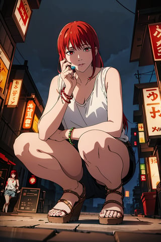 1girl, solo, long hair, looking at viewer, bangs, red eyes, shirt, black hair, holding, jewelry, full body, white shirt, outdoors, food, shorts, sleeveless, nail polish, bracelet, short shorts, night, eating, sandals, squatting, tank top, holding food, building, hand on own face, popsicle, ice cream ,flash,flashlight,makima \(chainsaw man\) , red_hair , red_eyes ,makimacsm,masterpiece,makima \(chainsaw man\)