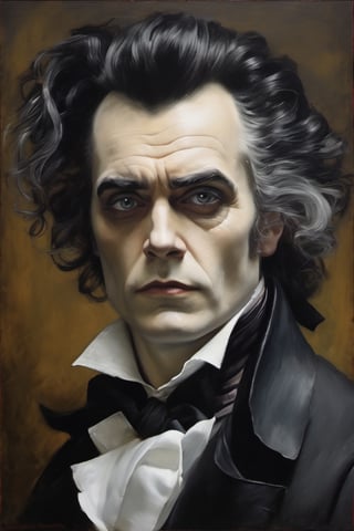 portrait of a sweeney todd, pale skin, black&white hair, evil glance, 21th century, old master oil painting, perfect composition, filigree, sharp colors, hyperrealism, detail, dynamic light, cinematic light, unfocused background, daniel Ridgeway knight, Konstantin Razumov, Jean Baptiste Monge