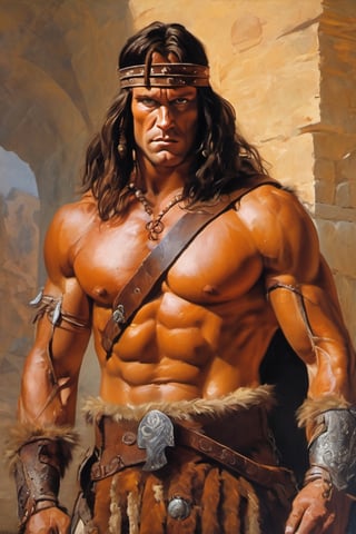 portrait of Conan The Barbarian, 3d century, old master oil painting, perfect composition, filigree, sharp colors, hyperrealism, detail, dynamic light, cinematic light, unfocused background, daniel Ridgeway knight, Konstantin Razumov, Jean Baptiste Monge