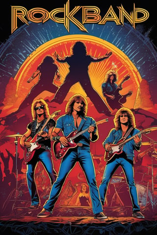 create a visually stunning comics poster of the rock band from 80s,  Perfect composition, filigree, sharp colors, hyperrealism, detail, dynamic light, cinematic light, unfocused dark background