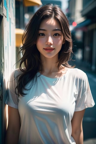 (best quality:1.4), (masterpiece:1.4), (photorealistic:1.4), (ultra high res, raw photo:1.4), (hdr, hyperdetailed:1.2), 1girl, smile, (upper body:1.2), (pure white T-shirt:1.2), standing, detailed skin,asian girl