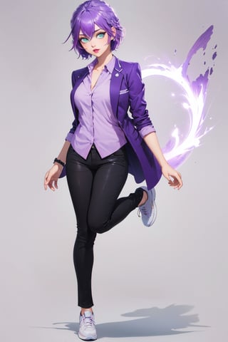 ((Full body shoot)),Original character,green eyes,hairs on mid of Head,(masterpiece:1.1), (best quality:1.1),(In blazer,pink shirt) fullbody size, sole_female, casual style clothing, (black-hair:0.8), short hairs,(3-color_hair: purple_hair, white_hair, light_purple_hair), light_blue_eyes, makeup, (dark-nude lipstick, black eyeliner), white_background,High detailed ,SAM YANG,hiro_segawa,purple hair,hair between eyes