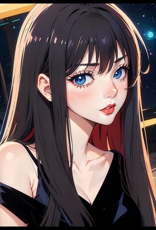 A anime girl,2d-Disney, ((2d old anime:1.2)), HDR, (Lite 2d colors:1.1),Clear White background, hot, extremely beautiful,Bokeh, Half body portrait, blue eyes,((royal pitch black Elegant dress)), looking at us, old anime art style, red lipstick, narrow outlines,red lipstick,lofi.