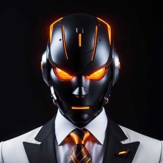 futuristic, sci-fi, face covered with robotic armor, solitary black cyborg head, with glowing orange lights, sleek black business suit, white shirt, vibrant red necktie, a butler pose, looking at the viewer, close-up, front shot, black background, enigmatic aura, advanced technology.